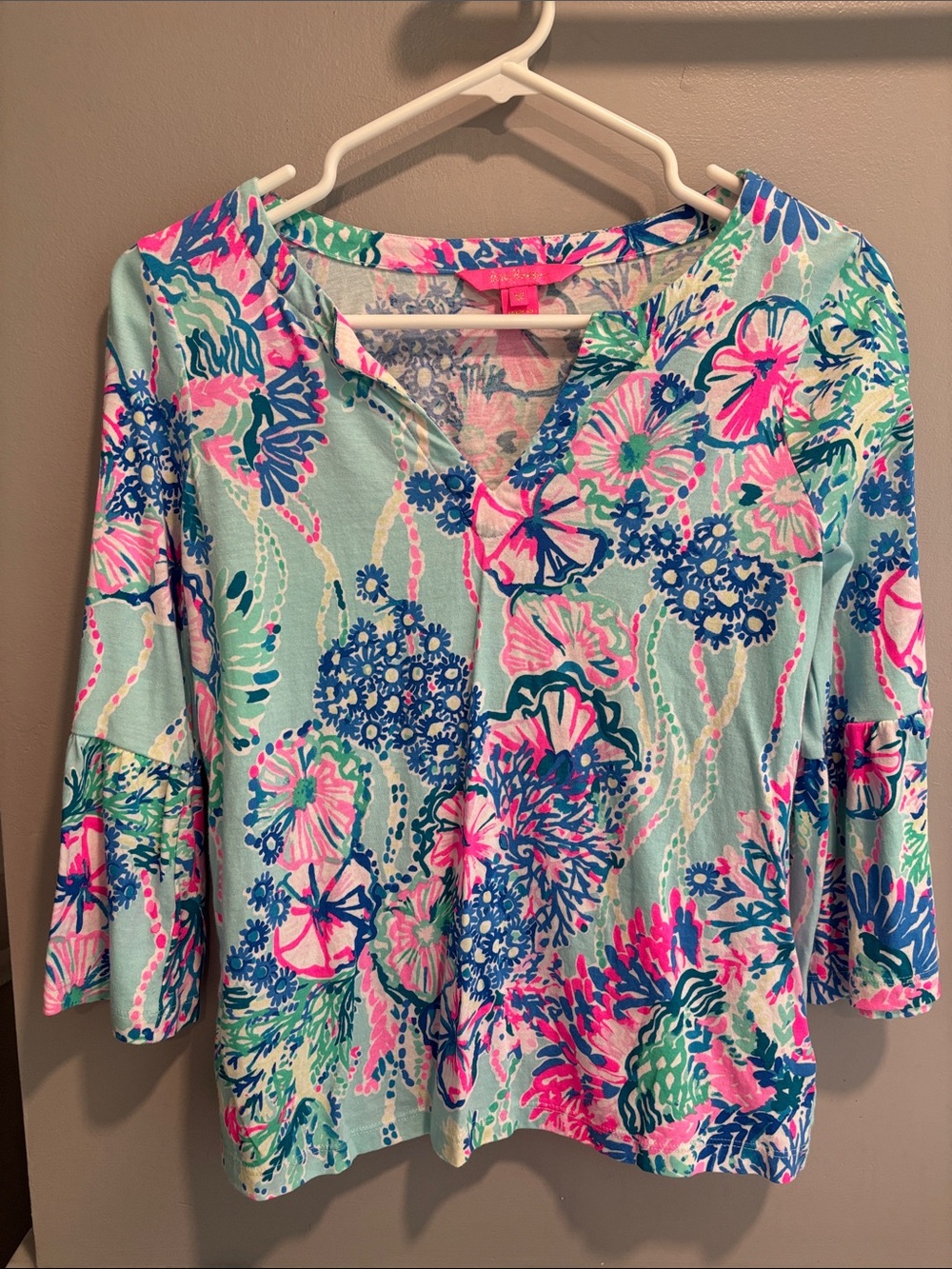 Lilly Pulitzer Aqua Floral Split V-Neck Bell Sleeve Top